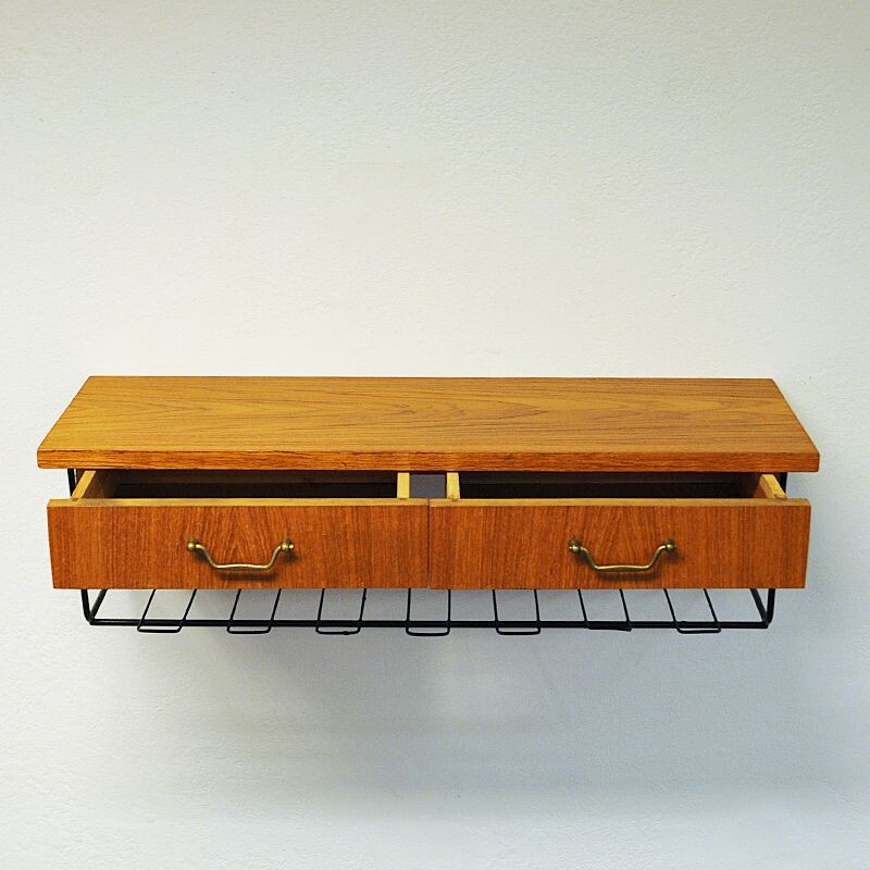 Vintage teak wall shelf with two drawers, Sweden 1950s