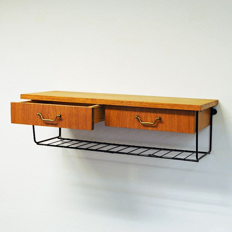 Vintage teak wall shelf with two drawers, Sweden 1950s