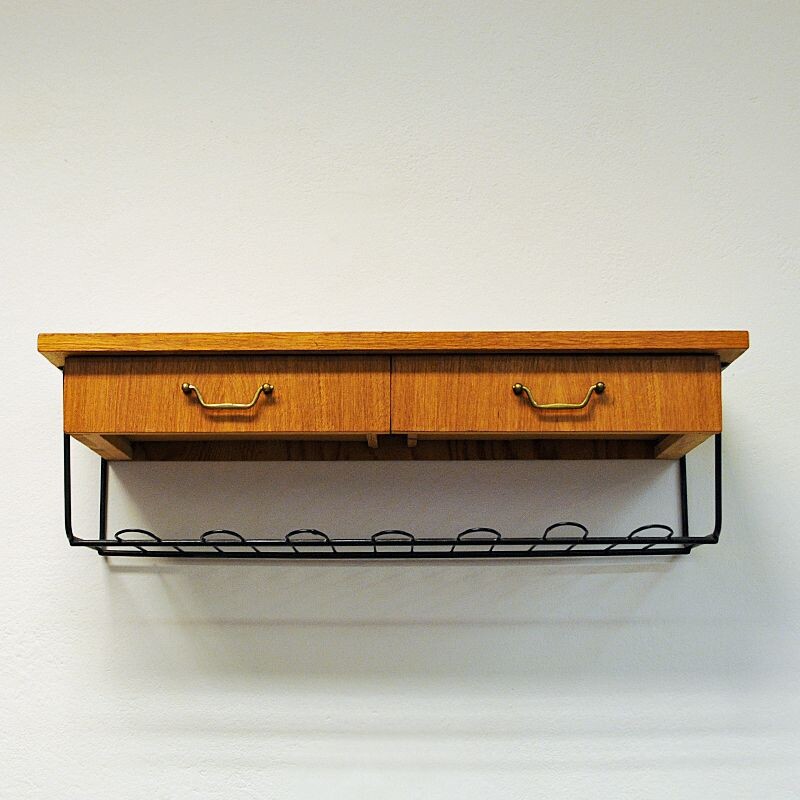 Vintage teak wall shelf with two drawers, Sweden 1950s