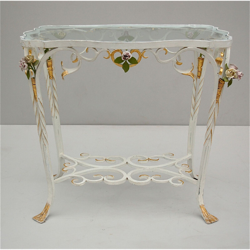Vintage white metal side table with floral decorations, France 1950s