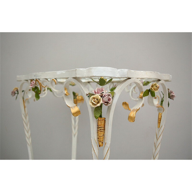 Vintage white metal side table with floral decorations, France 1950s