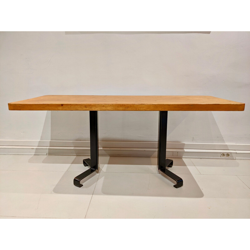 Vintage pine and metal table by Charlotte Perriand for Les Arcs, 1960
