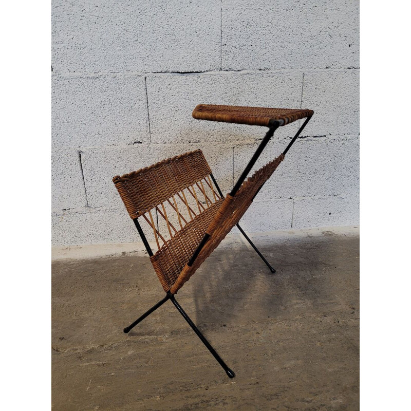 Raoul Guys vintage magazine rack in rattan and metal