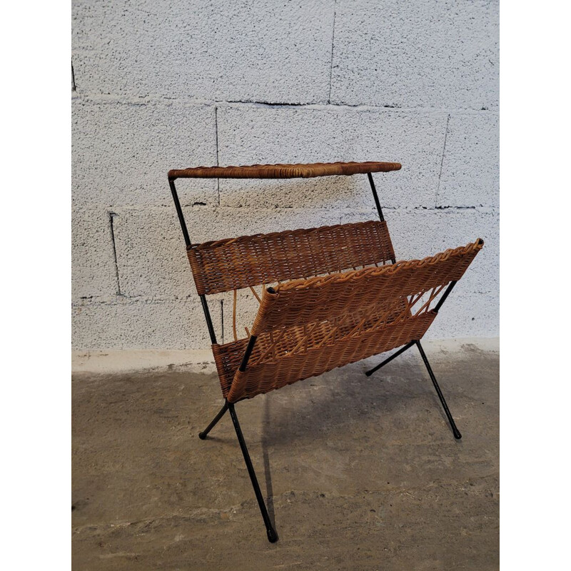 Raoul Guys vintage magazine rack in rattan and metal