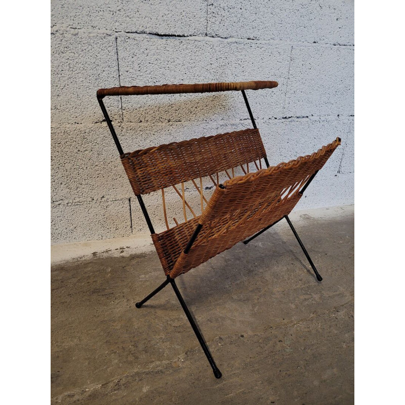 Raoul Guys vintage magazine rack in rattan and metal