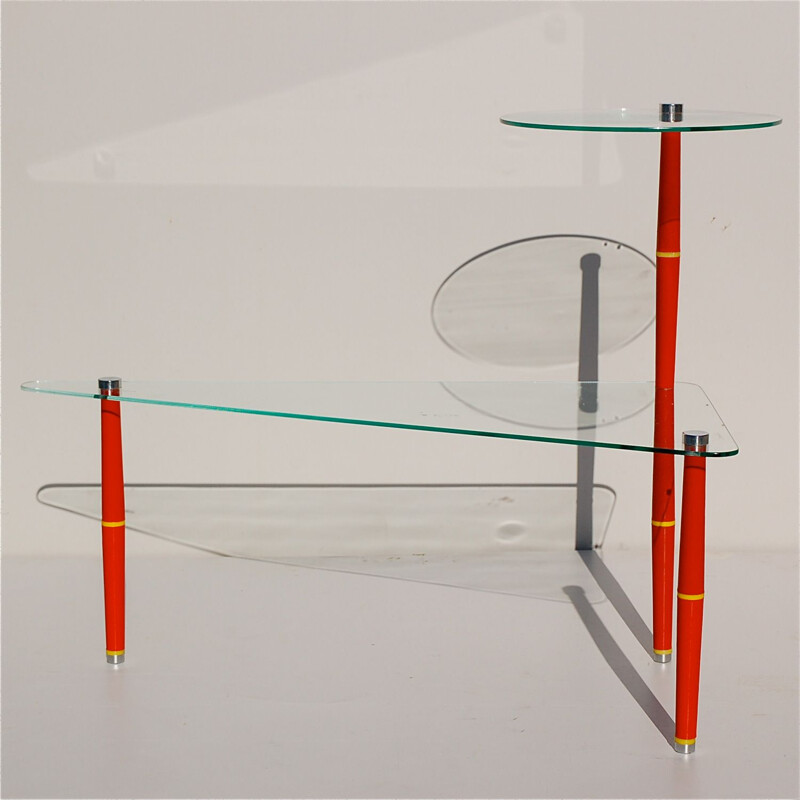 Vintage triangular glass shelf with red feet, Italy 1950