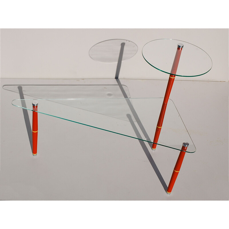 Vintage triangular glass shelf with red feet, Italy 1950