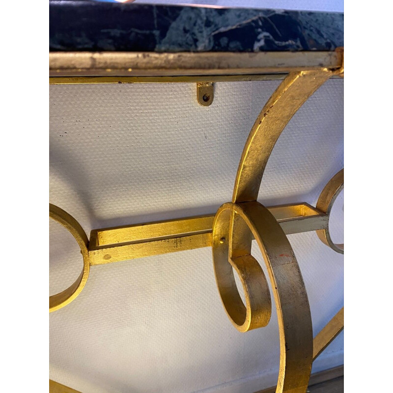 Vintage green marble and gilded wrought iron console, 1950