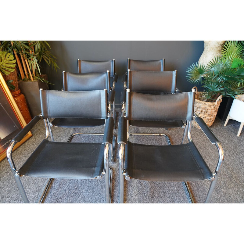 Set of 6 mid century Bauhaus leather & anodised steel cantilever chairs by Mart Stam