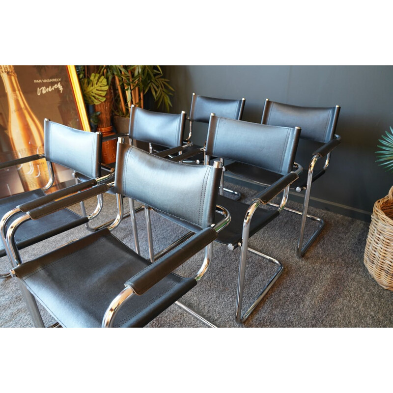 Set of 6 mid century Bauhaus leather & anodised steel cantilever chairs by Mart Stam