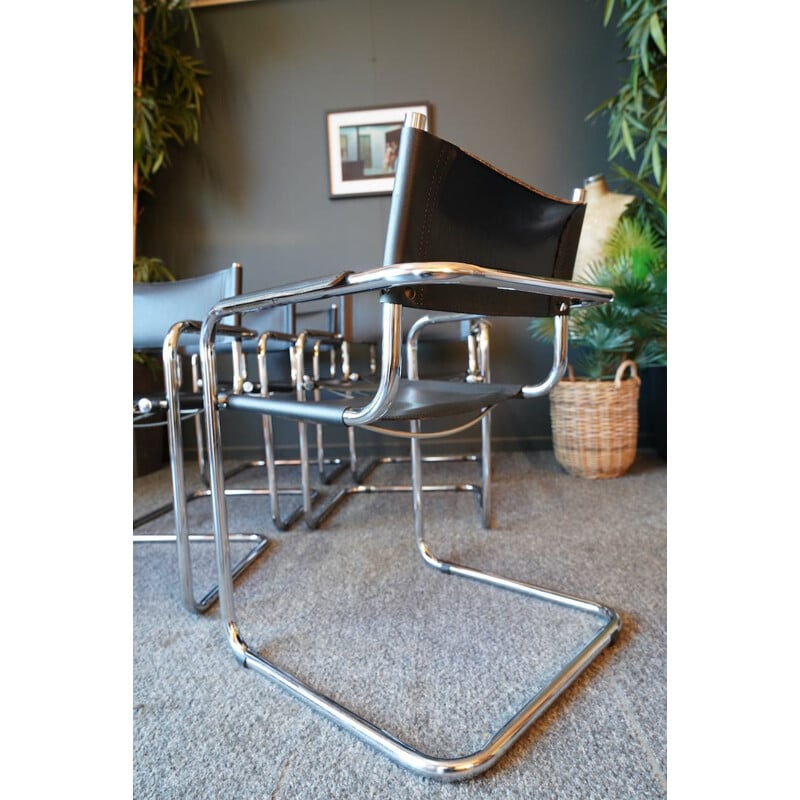 Ensemble de 6 chaises cantilever Bauhaus vintage en cuir et acier par Mart Stam
