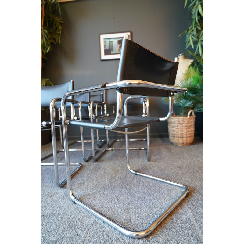 Set of 6 mid century Bauhaus leather & anodised steel cantilever chairs by Mart Stam