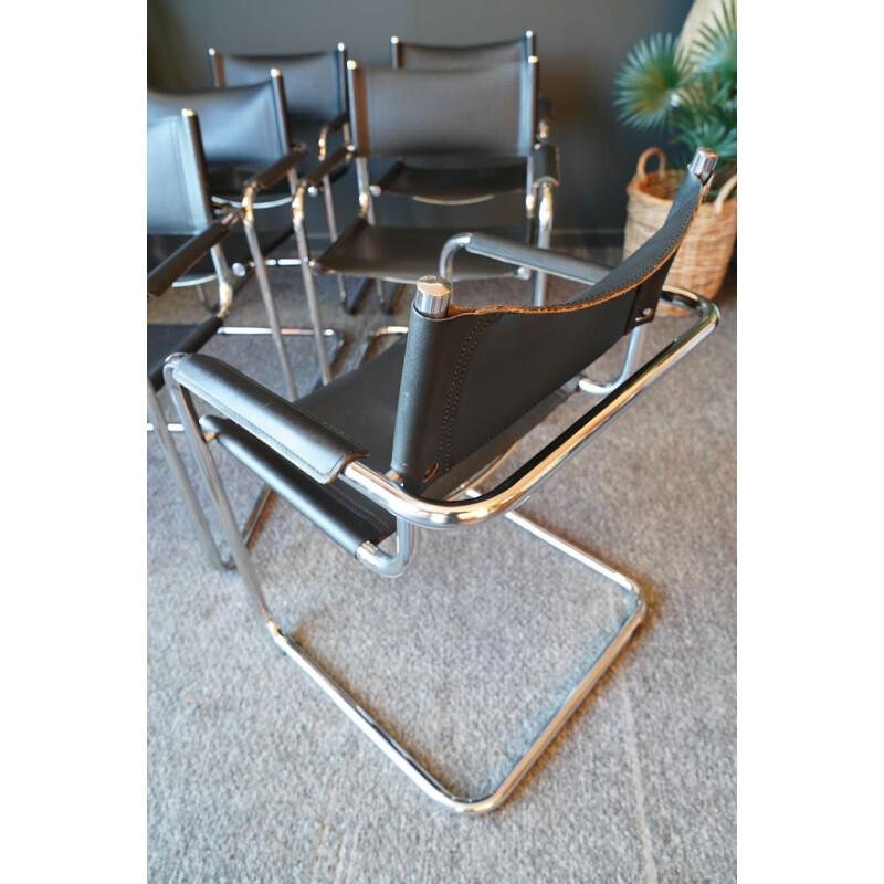 Set of 6 mid century Bauhaus leather & anodised steel cantilever chairs by Mart Stam