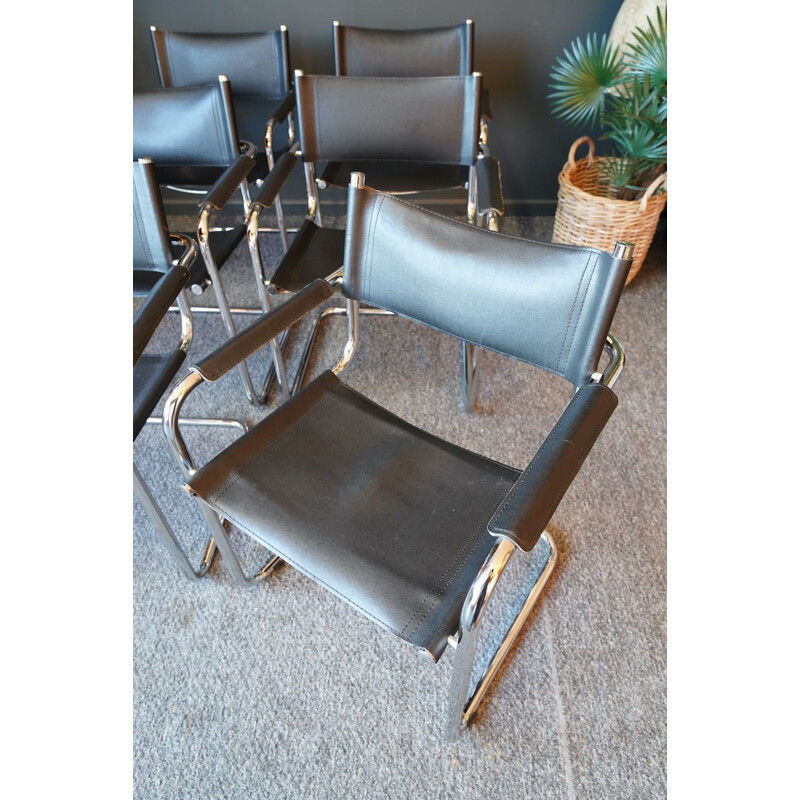 Set of 6 mid century Bauhaus leather & anodised steel cantilever chairs by Mart Stam