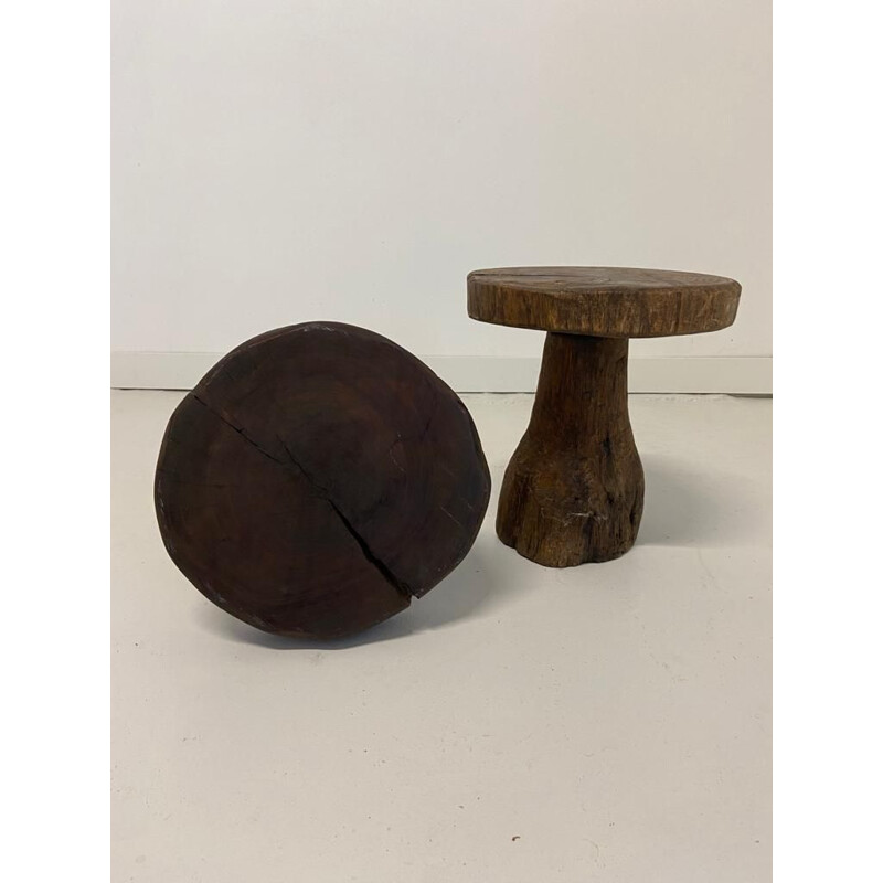 Pair of vintage Brutalist stools in solid oakwood