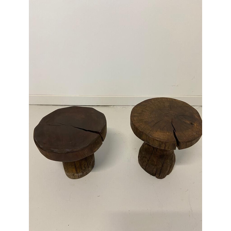 Pair of vintage Brutalist stools in solid oakwood