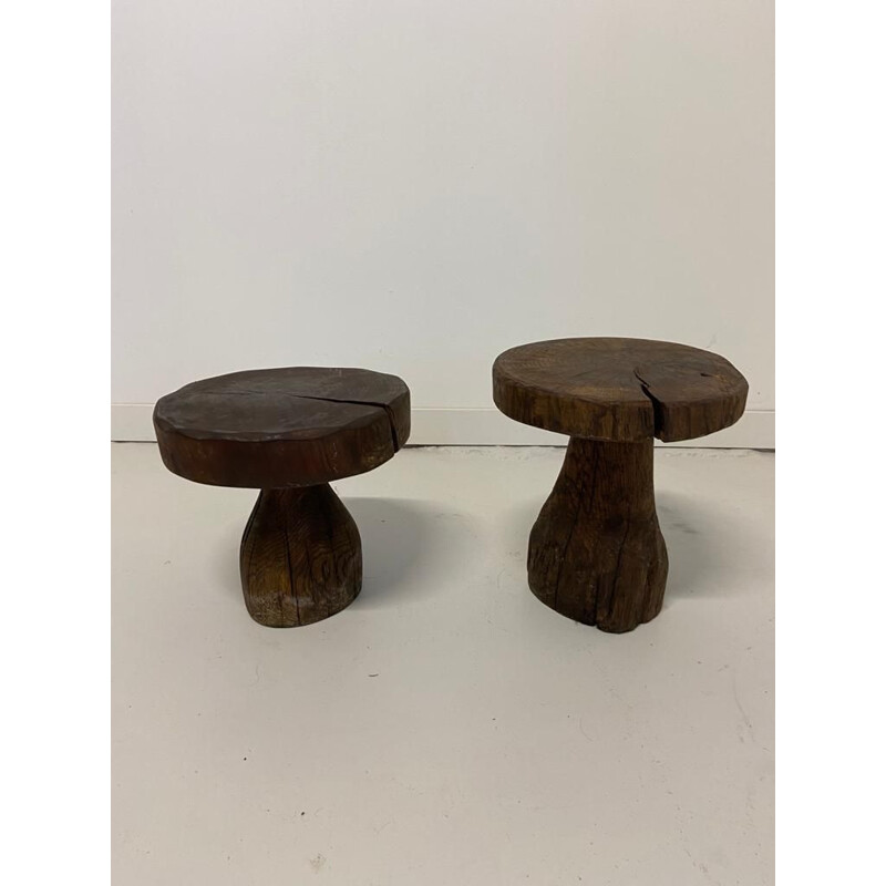 Pair of vintage Brutalist stools in solid oakwood