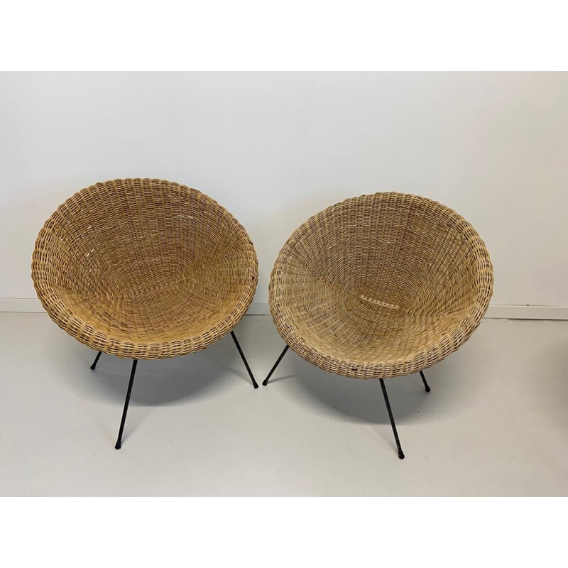 Pair of vintage wicker and bamboo basket armcchairs