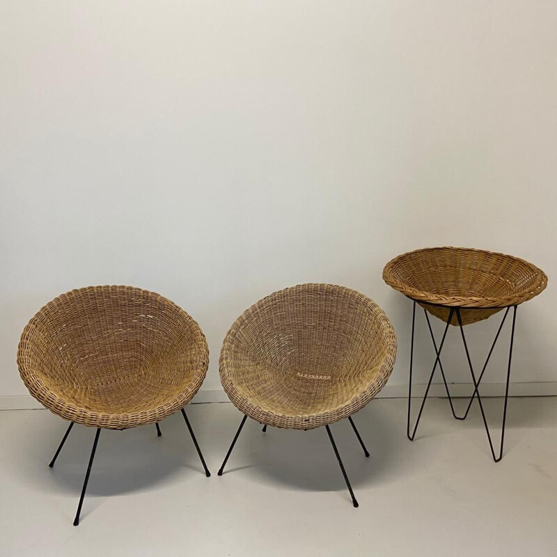 Pair of vintage wicker and bamboo basket armcchairs