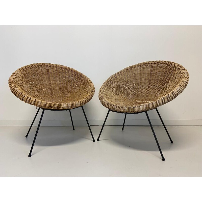 Paire de fauteuils vintage Corbeille en osier et bamboo
