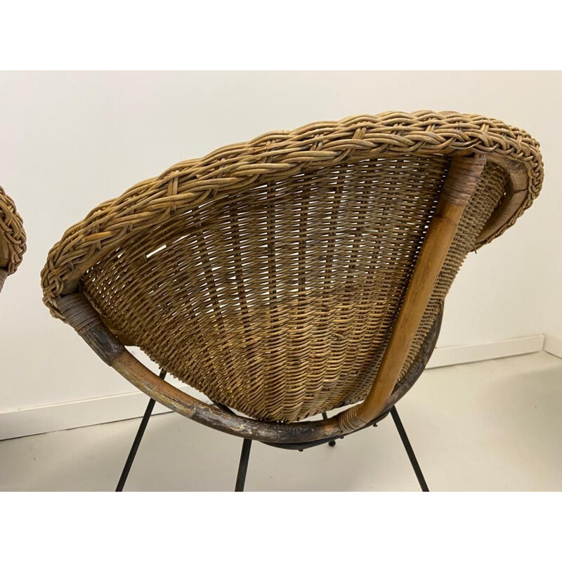 Paire de fauteuils vintage Corbeille en osier et bamboo