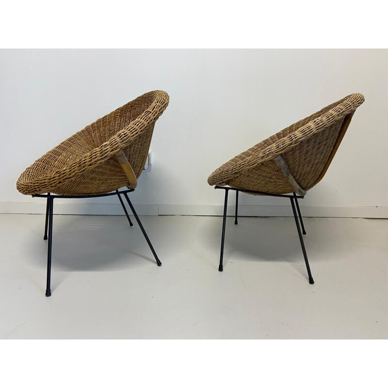 Pair of vintage wicker and bamboo basket armcchairs