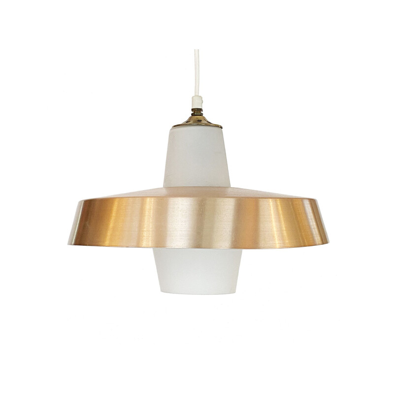 Vintage pendant lamp in opaline glass with aluminum shade, Sweden 1960s