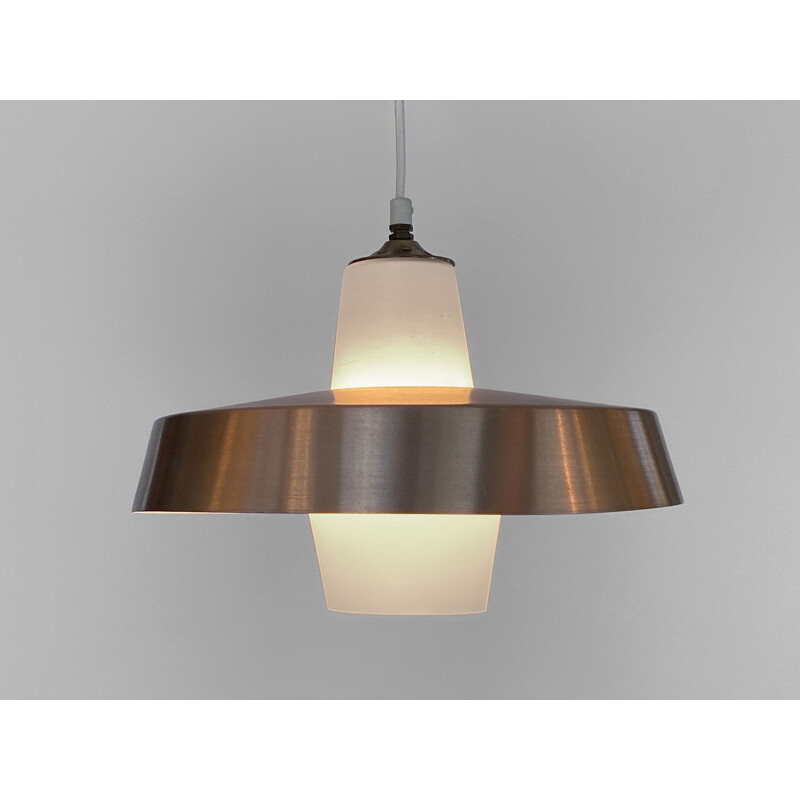 Vintage pendant lamp in opaline glass with aluminum shade, Sweden 1960s