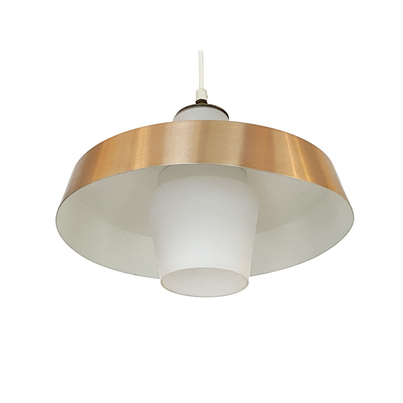 Vintage pendant lamp in opaline glass with aluminum shade, Sweden 1960s