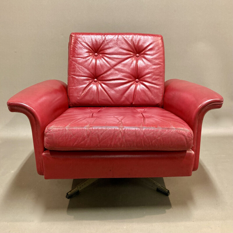 Vintage red leather armchair, 1950