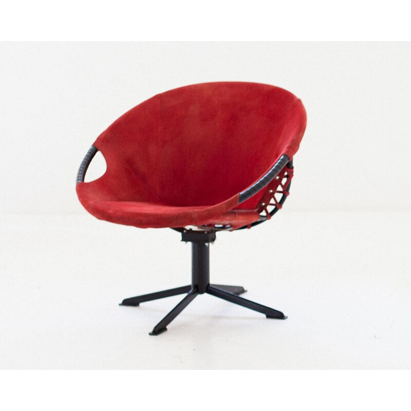 Vintage rood lederen fauteuil met ijzeren frame, 1960