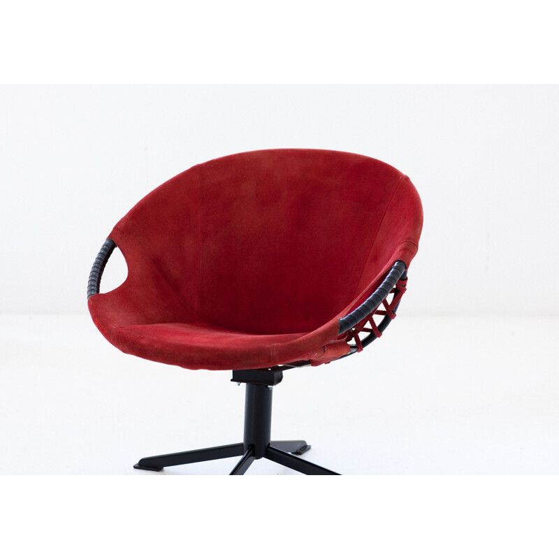 Vintage red leather and iron frame armchair, 1960s