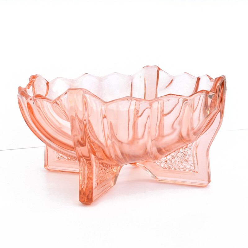 Vintage art deco salmon glass bowl by Ladislav Morávek for Libochovice Sklarna, Czech 1930