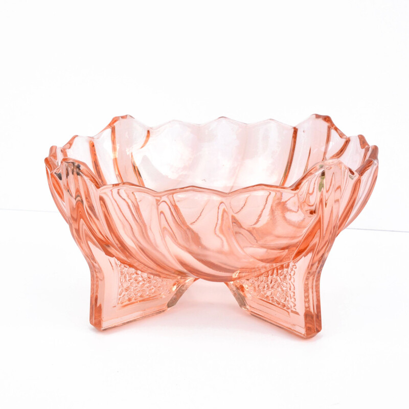 Vintage art deco salmon glass bowl by Ladislav Morávek for Libochovice Sklarna, Czech 1930