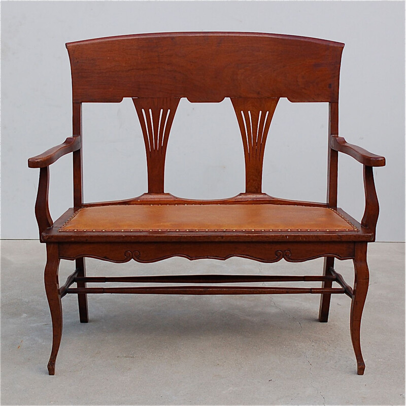 Edwardian vintage two-seat bench with fan shaped backrest