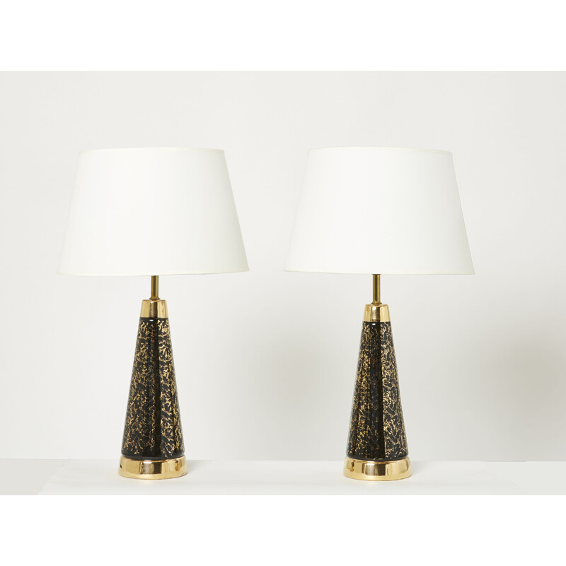 Pair of vintage ceramic and brass night stands lamps, 1970