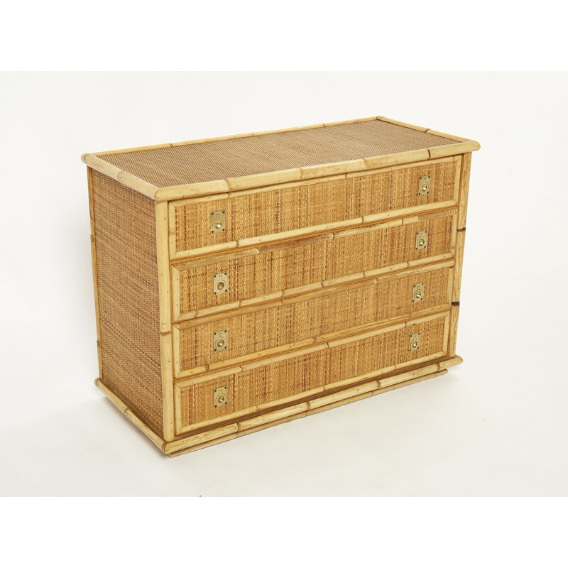 Dal Vera vintage Italian chest of drawers in bamboo, rattan and brass, 1970
