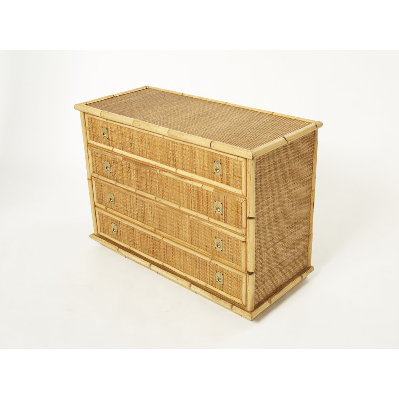 Dal Vera vintage Italian chest of drawers in bamboo, rattan and brass, 1970