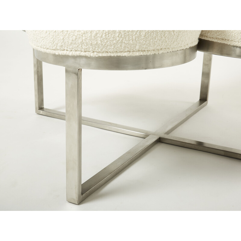 Vintage ottoman in brushed steel and buckle, France 1970