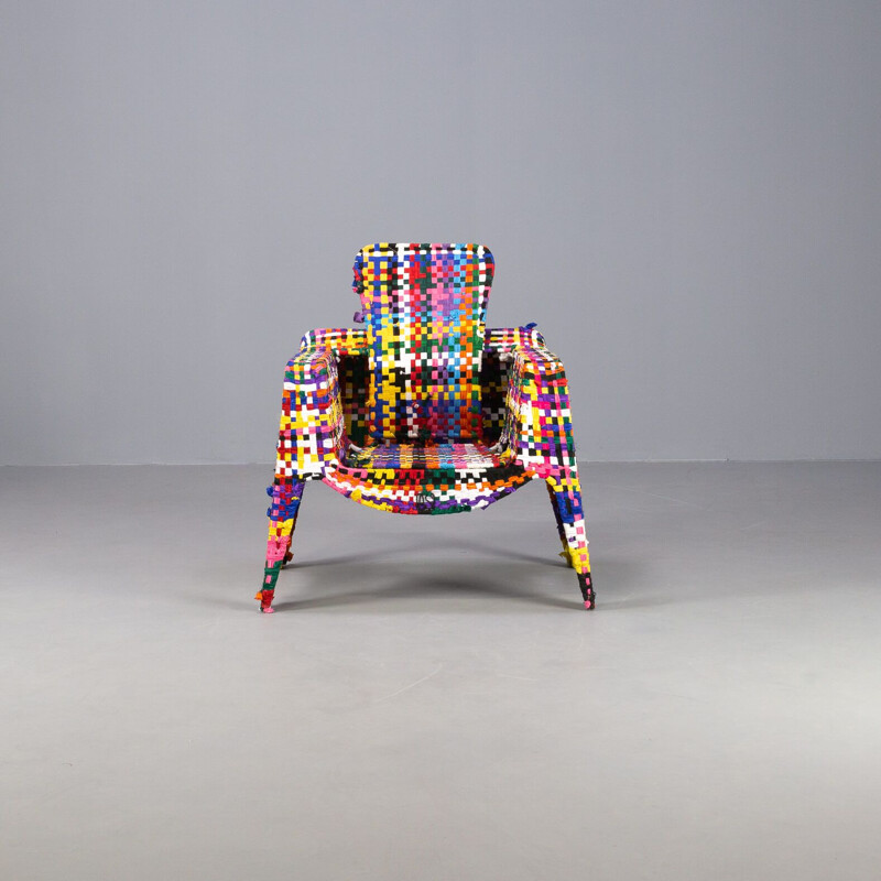 Vintage handmade metal and multicolor fabric armchair by Anacleto Spazzapan