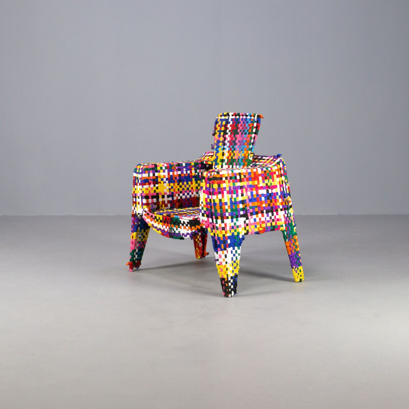 Fauteuil vintage fait main en métal et tissu multicolore par Anacleto Spazzapan