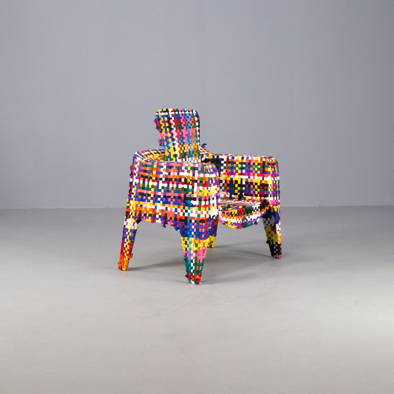 Vintage handmade metal and multicolor fabric armchair by Anacleto Spazzapan