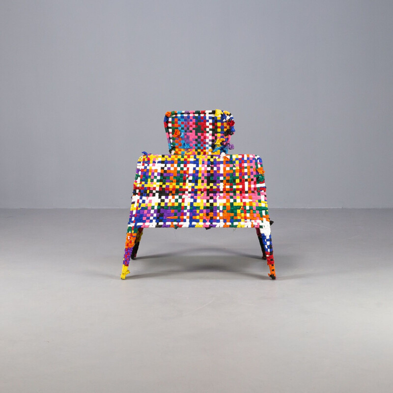 Vintage handmade metal and multicolor fabric armchair by Anacleto Spazzapan