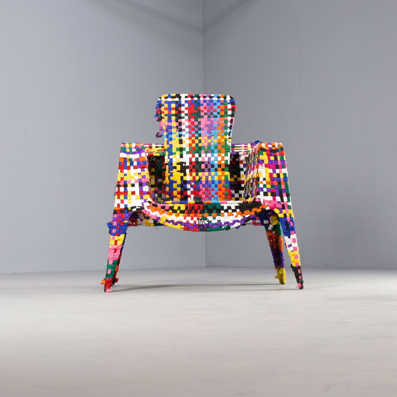 Vintage handmade metal and multicolor fabric armchair by Anacleto Spazzapan