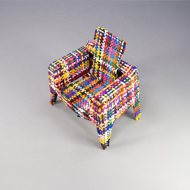 Vintage handmade metal and multicolor fabric armchair by Anacleto Spazzapan