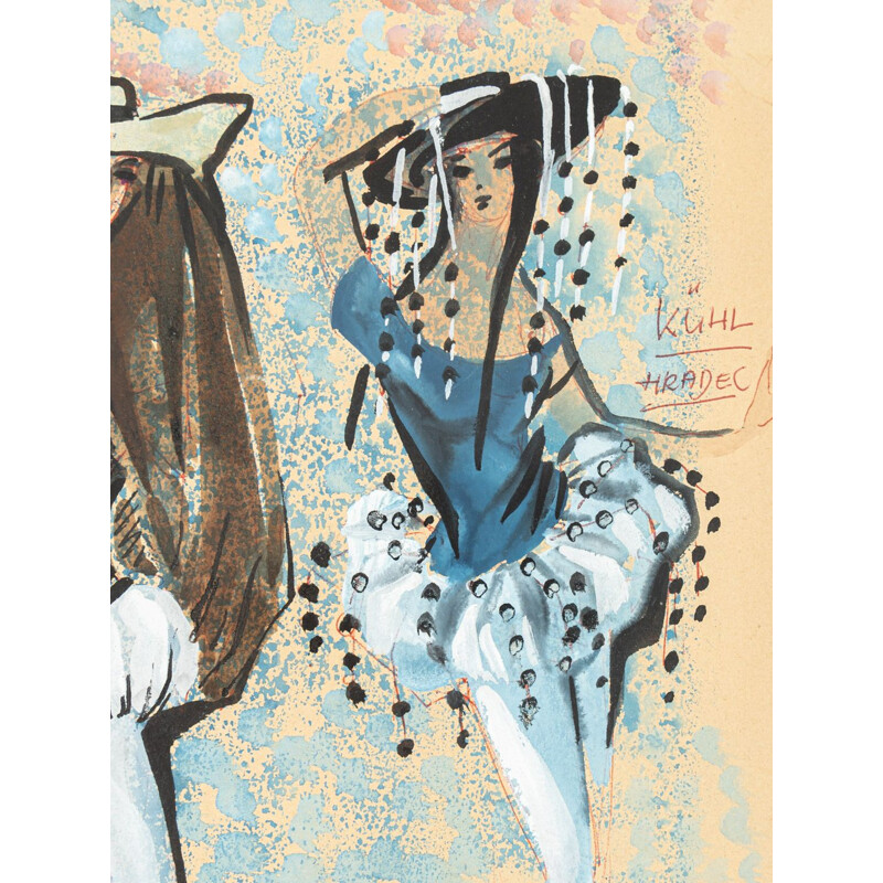 Gouache on vintage paper figurine staatsoper münchen, 1959