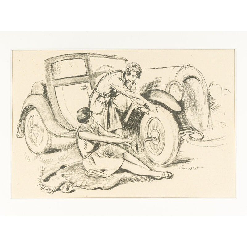 Gravura em papel de vintage, o automóvel e o tourime, 1929