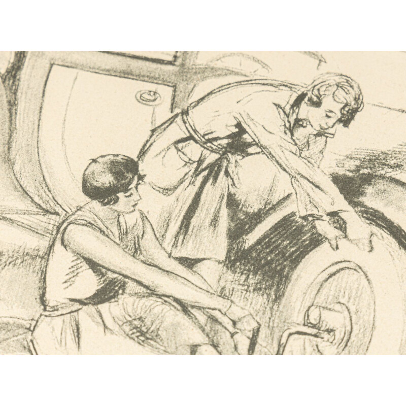 Stampa calcografica su carta d'epoca, l'automobile e il viaggio, 1929