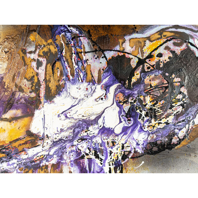 Olieverf en acryl op vintage strandgut doek door Detlef Hagenbaumer