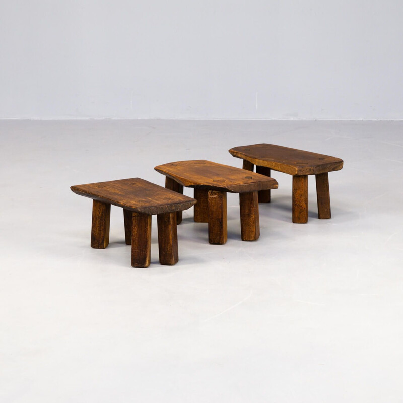 Set of 3 vintage oakwood brutalist side tables